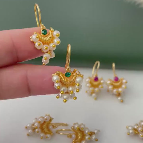 Maharashtrian Bugadi Earrings: Moti, CZ Ruby, Pearl Clip-Ons