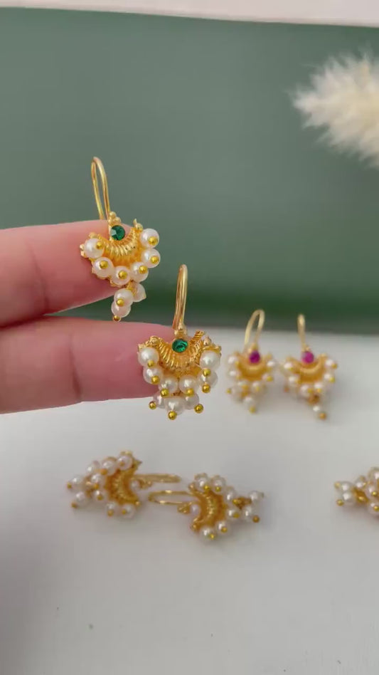 Maharashtrian Bugadi Earrings: Moti, CZ Ruby, Pearl Clip-Ons
