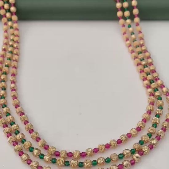 Gold Plated Multi-Layer Ruby Green Beaded Mala Necklace