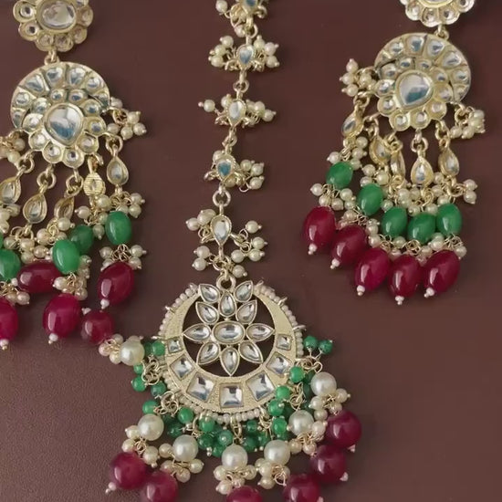 Kundan Dangle Earrings with Colored Beads & Maang Tika: Festive Jewelry