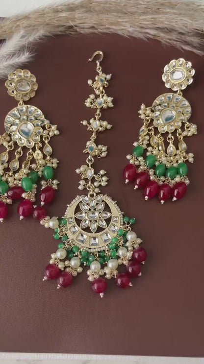 Kundan Dangle Earrings with Colored Beads & Maang Tika: Festive Jewelry