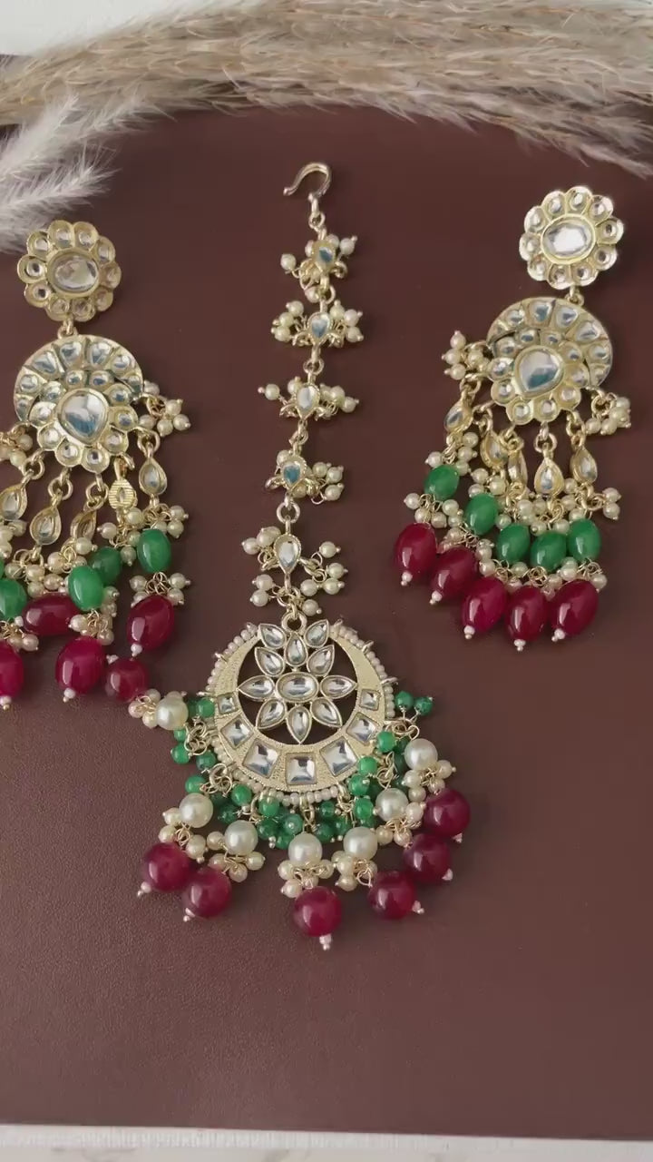 Kundan Dangle Earrings with Colored Beads & Maang Tika: Festive Jewelry