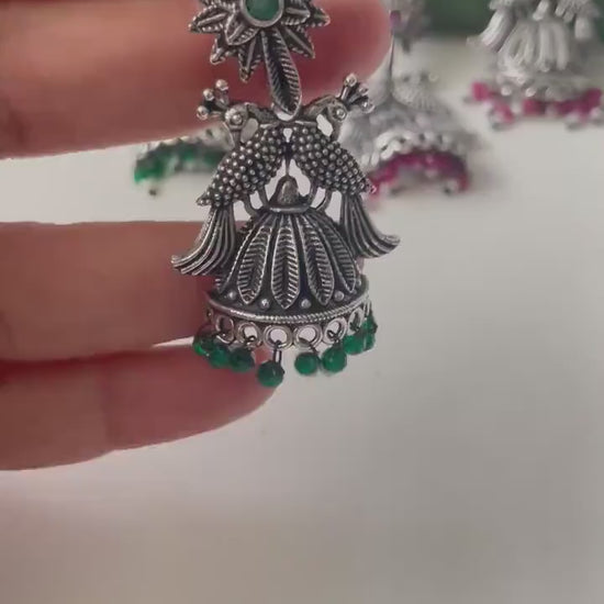 Oxidised green or ruby beads peacock half jhumkis