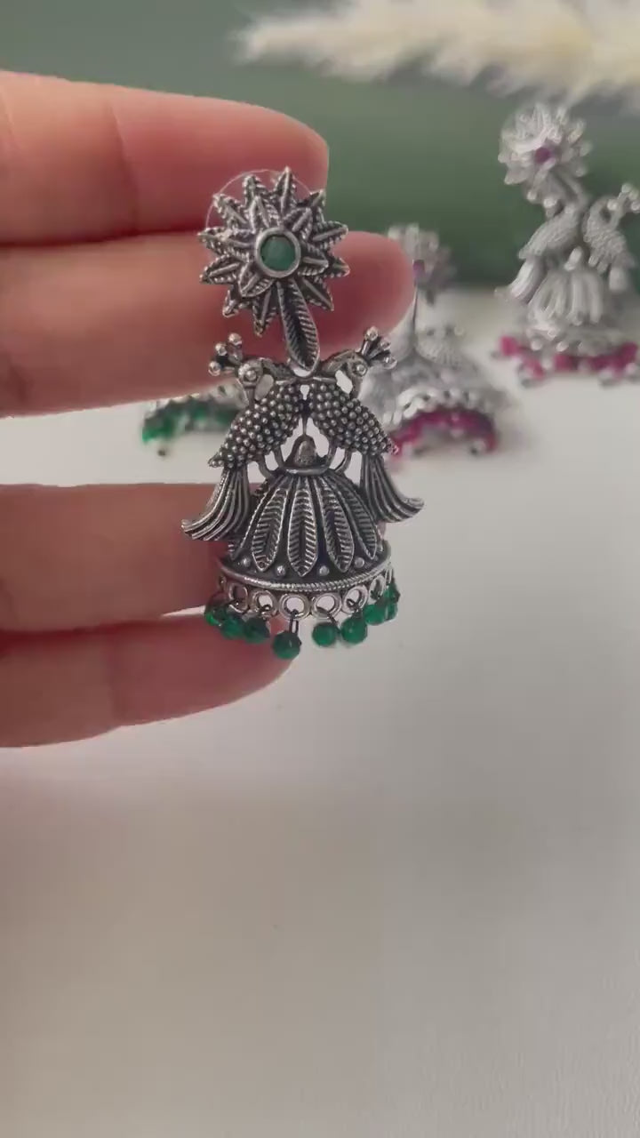 Oxidised green or ruby beads peacock half jhumkis