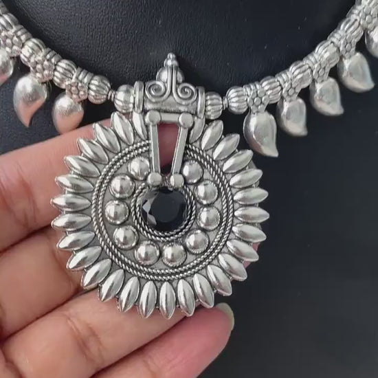 Oxidized Indian Necklace Set: Silver Lookalike Stud Earrings