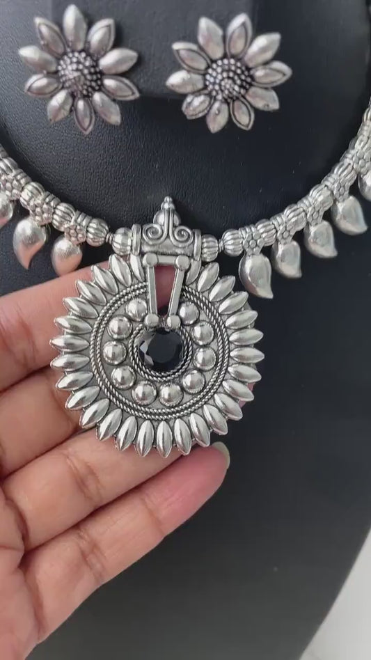 Oxidized Indian Necklace Set: Silver Lookalike Stud Earrings