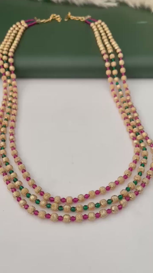 Gold Plated Multi-Layer Ruby Green Beaded Mala Necklace