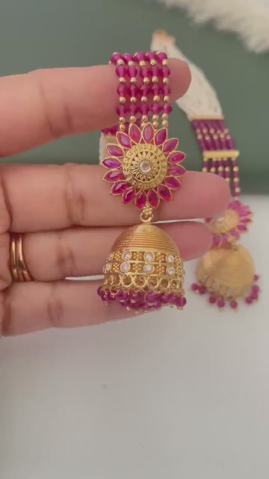 Gold Plated Jhumki Earrings with Ear Chain: Bridal Jewelry
