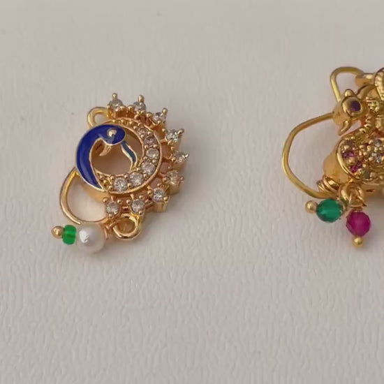 Maharashtrian Nath: Gold Plated cubic zirconia pearl colorful clip on nose pins - Indian Jewelry