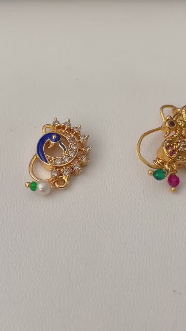 Maharashtrian Nath: Gold Plated cubic zirconia pearl colorful clip on nose pins - Indian Jewelry