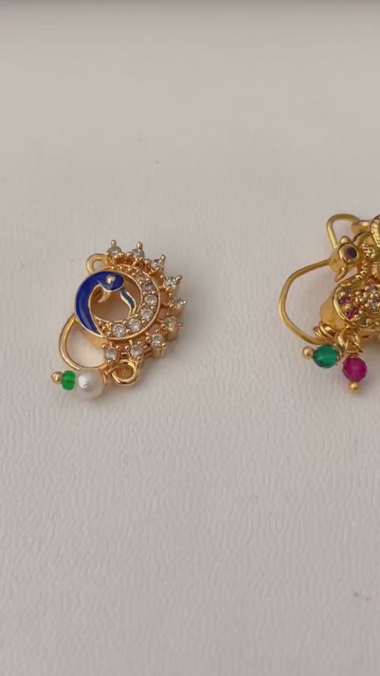 Maharashtrian Nath: Gold Plated cubic zirconia pearl colorful clip on nose pins - Indian Jewelry