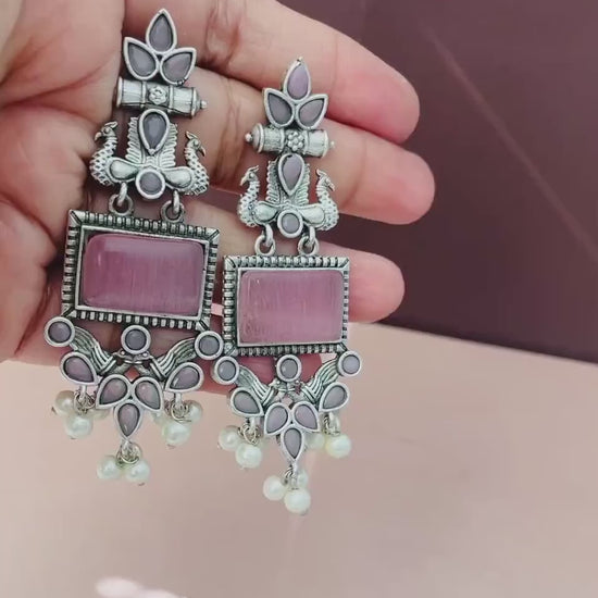 Oxidized Peacock Dangle Earrings: Monalisa Stone, Navratri Jewelry