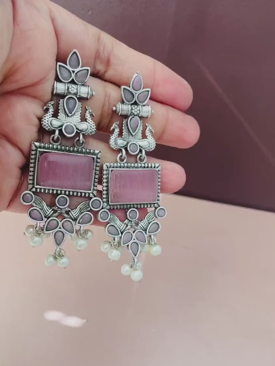 Oxidized Peacock Dangle Earrings: Monalisa Stone, Navratri Jewelry