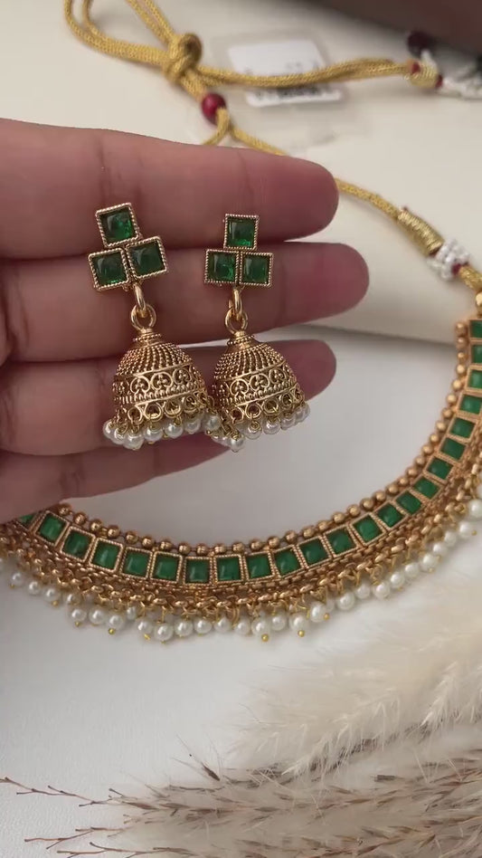 Green Stone Pearl Gold Plated Necklace Set