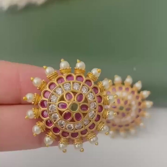 Gold Plated Kemp Stone Earrings: Indian Temple Jewelry