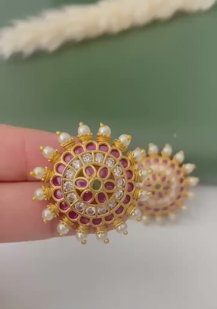 Gold Plated Kemp Stone Earrings: Indian Temple Jewelry