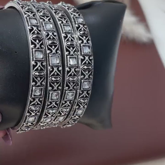Oxidized Indian Bangle Set with Rhinestone Detail (Set of 4)