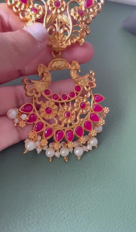 Kemp stone gold plated long haaram with matching earrings South Indian temple jewelry