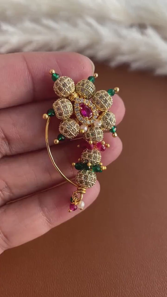 Maharashtrian Nath: Gold Plated Nose Pin, Traditional Indian Jewelry