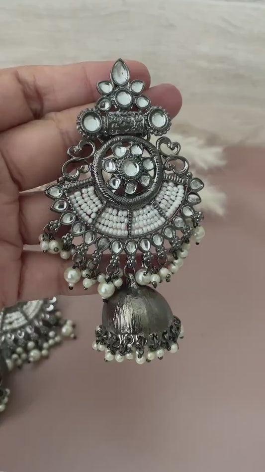 Oxidized Jhumki Earrings with Pearl Chain: Black Kundan Jewelry