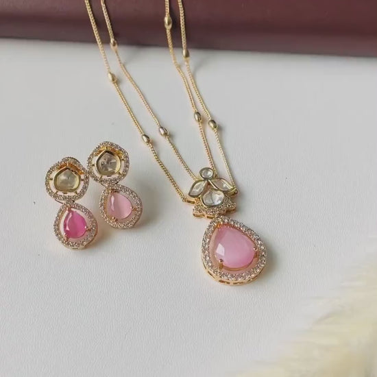 Gold Plated Kundan CZ Necklace Set: Layered Pendant, Festive Jewelry