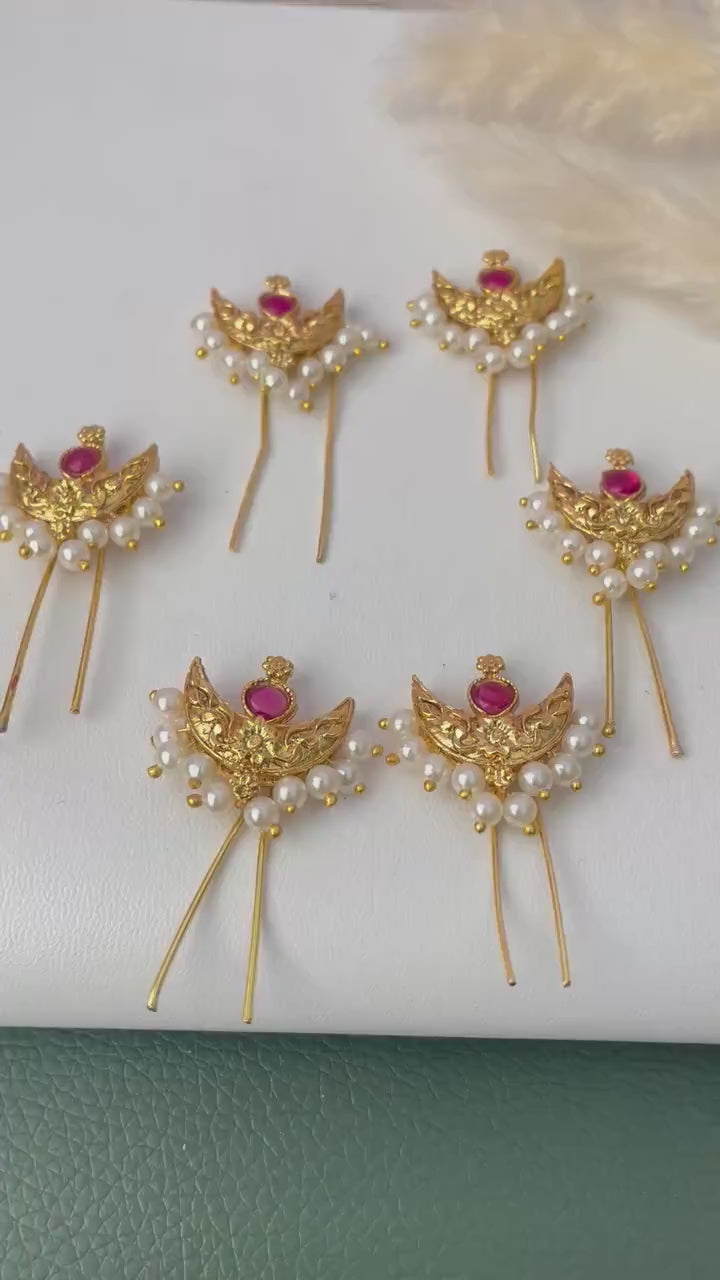 Maharashtrian Golden Crescent Hair Pins: Festive Bun and Braid Accessories