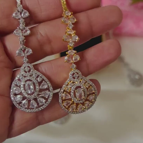 CZ Maang Tikka: Gold or Rhodium Plated Indian Headpiece