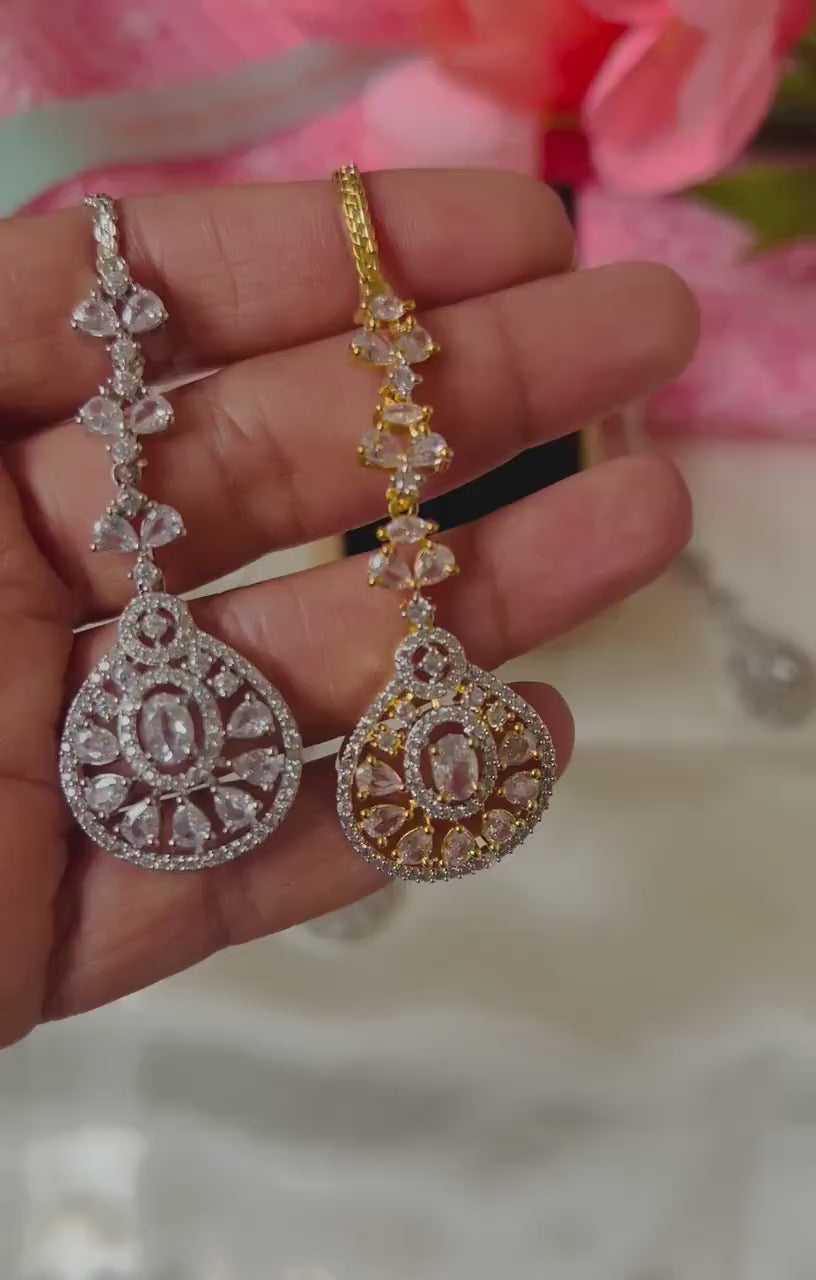 CZ Maang Tikka: Gold or Rhodium Plated Indian Headpiece