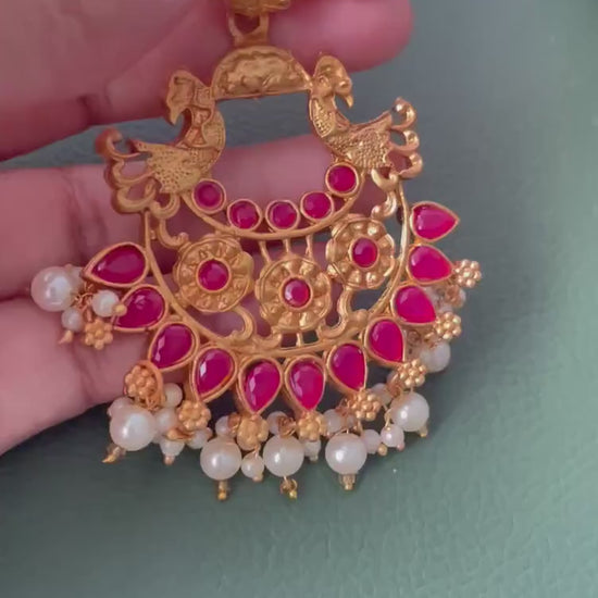 Kemp stone gold plated long haaram with matching earrings South Indian temple jewelry