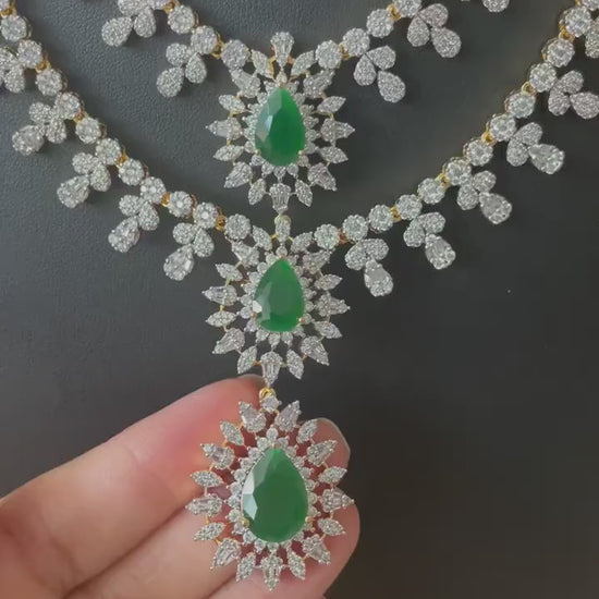 Emerald Cubic Zirconia Bridal Necklace Set: Two-Tone Plated Jewelry