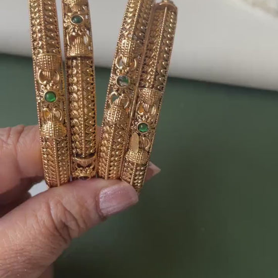 Antique Gold Plated Indian Bangles: Ruby & Green Stone Set