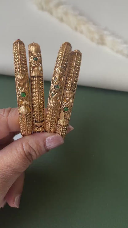 Antique Gold Plated Indian Bangles: Ruby & Green Stone Set