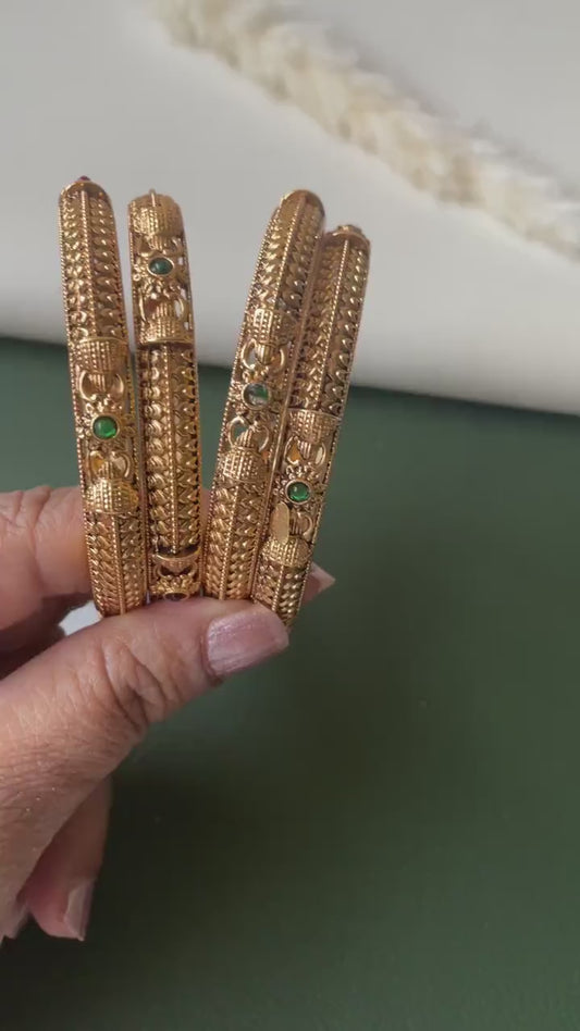 Antique Gold Plated Indian Bangles: Ruby & Green Stone Set