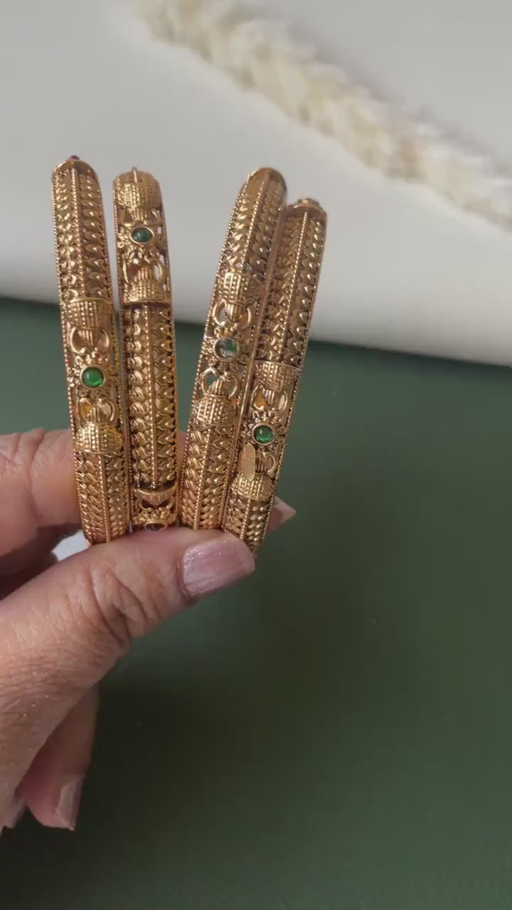 Antique Gold Plated Indian Bangles: Ruby & Green Stone Set