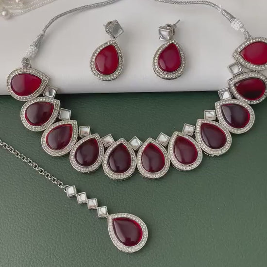 Maroon color kundan and AD necklace set with Maang tika Diwali party wear