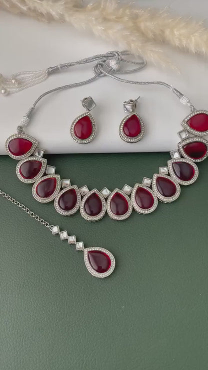 Maroon color kundan and AD necklace set with Maang tika Diwali party wear