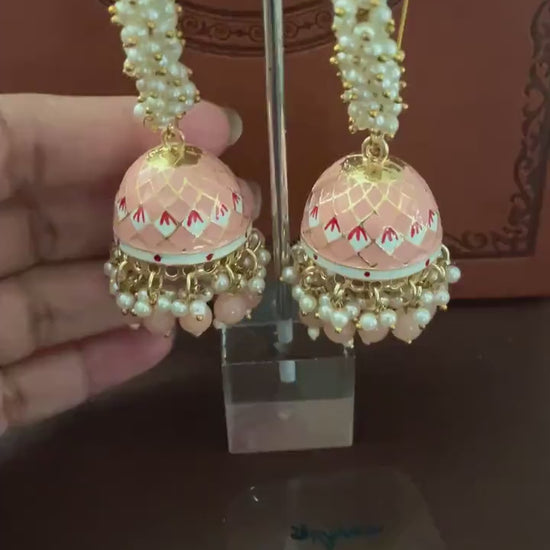 Pink Minakari Pearl Jhumka Earrings: Indian Bollywood Jewelry