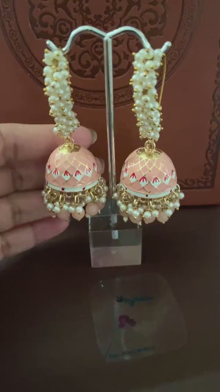 Pink Minakari Pearl Jhumka Earrings: Indian Bollywood Jewelry