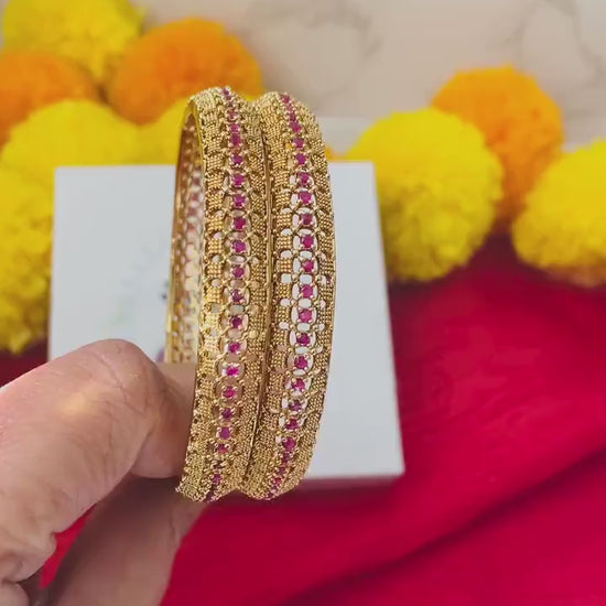 Gold Plated Indian Bangles with Ruby Gems: Lightweight Wedding Jewelry