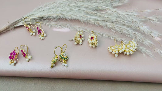 Maharashtrian Bugadi Earrings: Moti, CZ Ruby, Pearl Clip-Ons