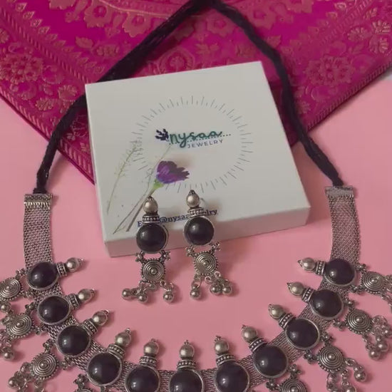 Oxidized Choker and Earring Set: Black Bead Navratri Jewelry