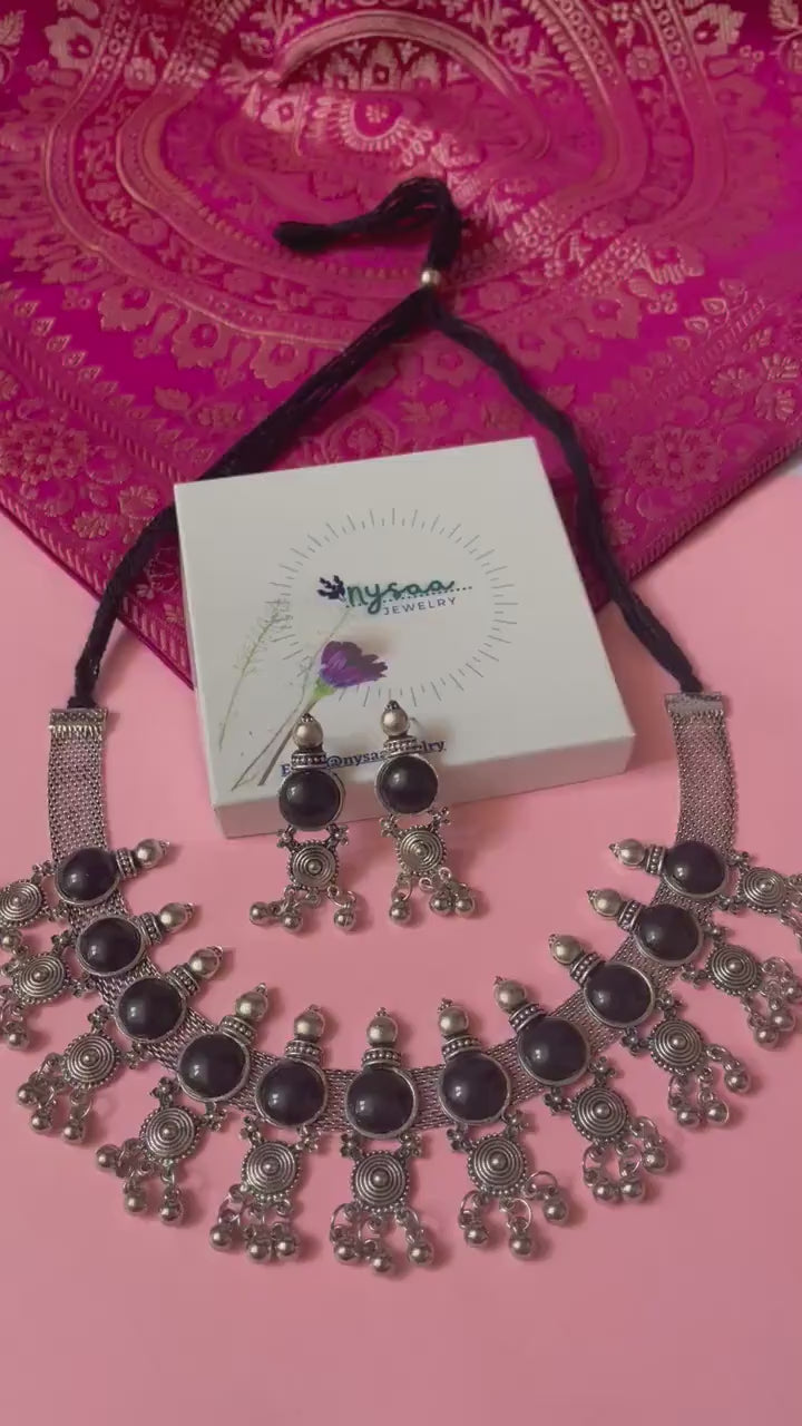 Oxidized Choker and Earring Set: Black Bead Navratri Jewelry