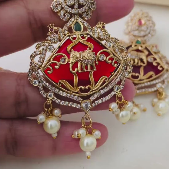 Gold Plated Kemp Stone Earrings: Indian Temple Jewelry with Elephant & Peacock
