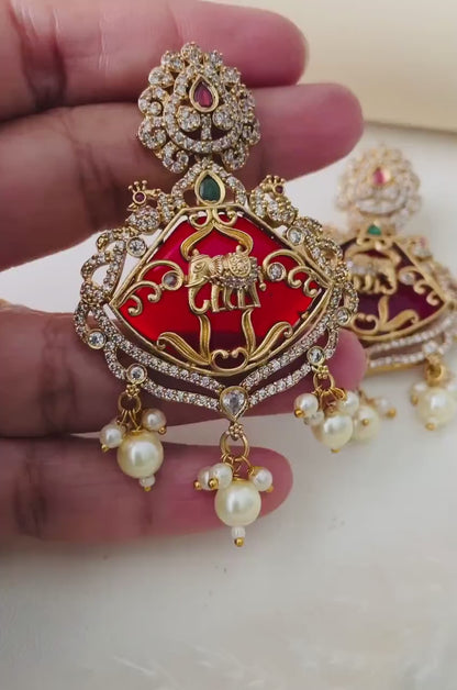 Gold Plated Kemp Stone Earrings: Indian Temple Jewelry with Elephant & Peacock