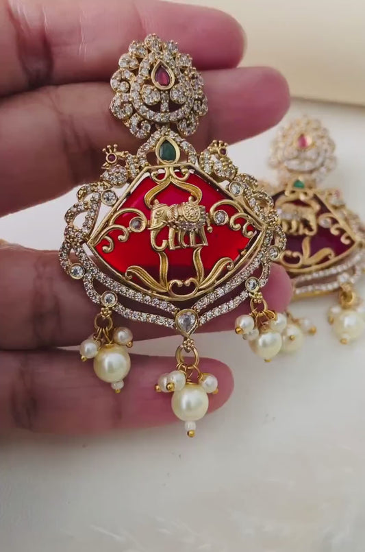 Gold Plated Kemp Stone Earrings: Indian Temple Jewelry with Elephant & Peacock