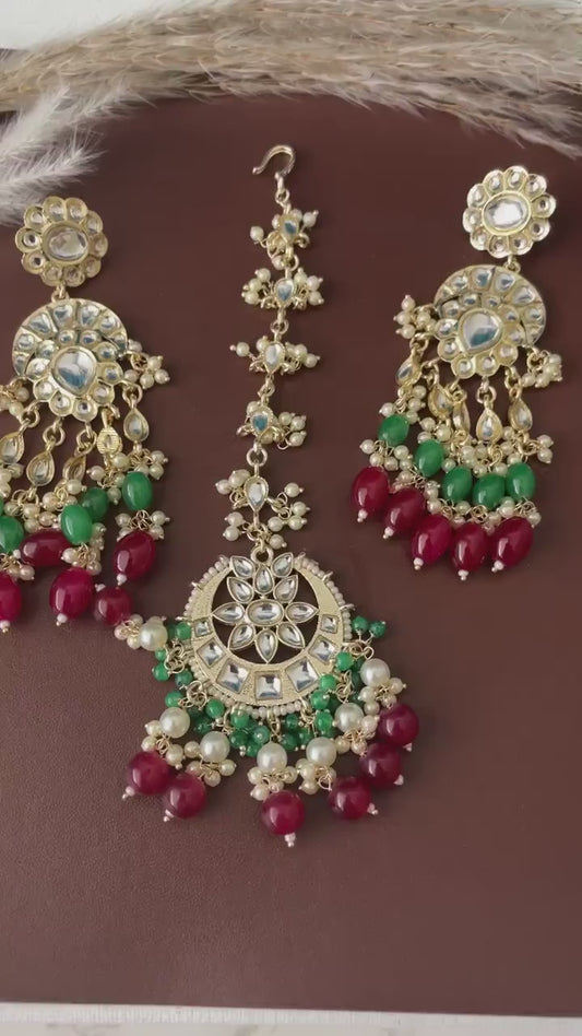 Kundan Dangle Earrings with Colored Beads & Maang Tika: Festive Jewelry