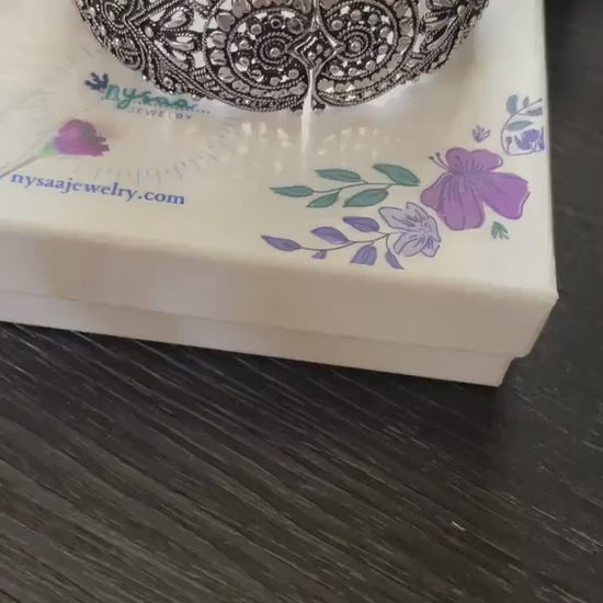 Oxidized Silver Bangle | Adjustable Carved Indian Bracelet