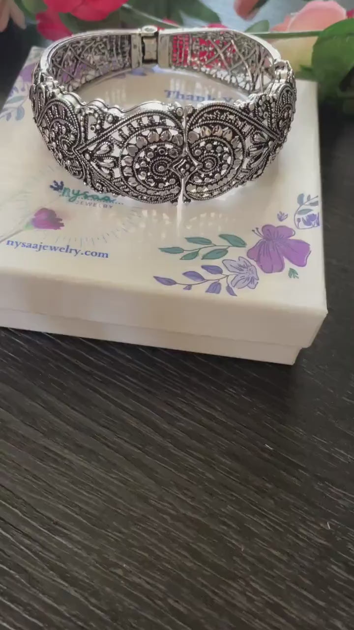 Oxidized Silver Bangle | Adjustable Carved Indian Bracelet