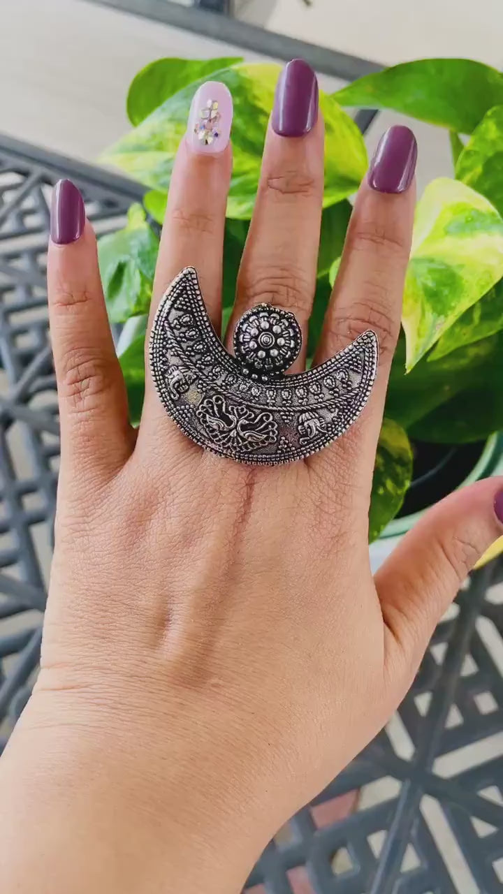 Oxidized Silver Radha Krishna Ring: Adjustable Oversized Statement