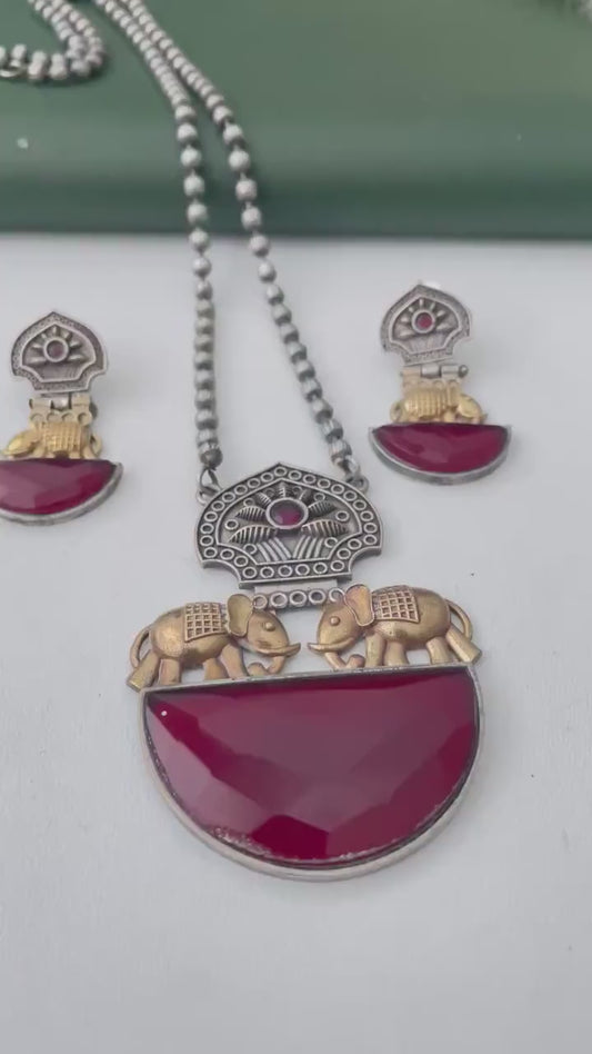 Nysaa Dual tone long necklace with Monalisa stone with matching earrings set